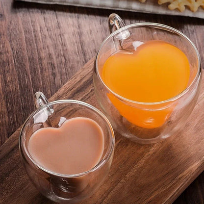 1/2pcs Heart-Shaped Double Layer Glass Cups – Insulated Tea & Coffee Cups with Handle for Latte, Cappuccino, Milk