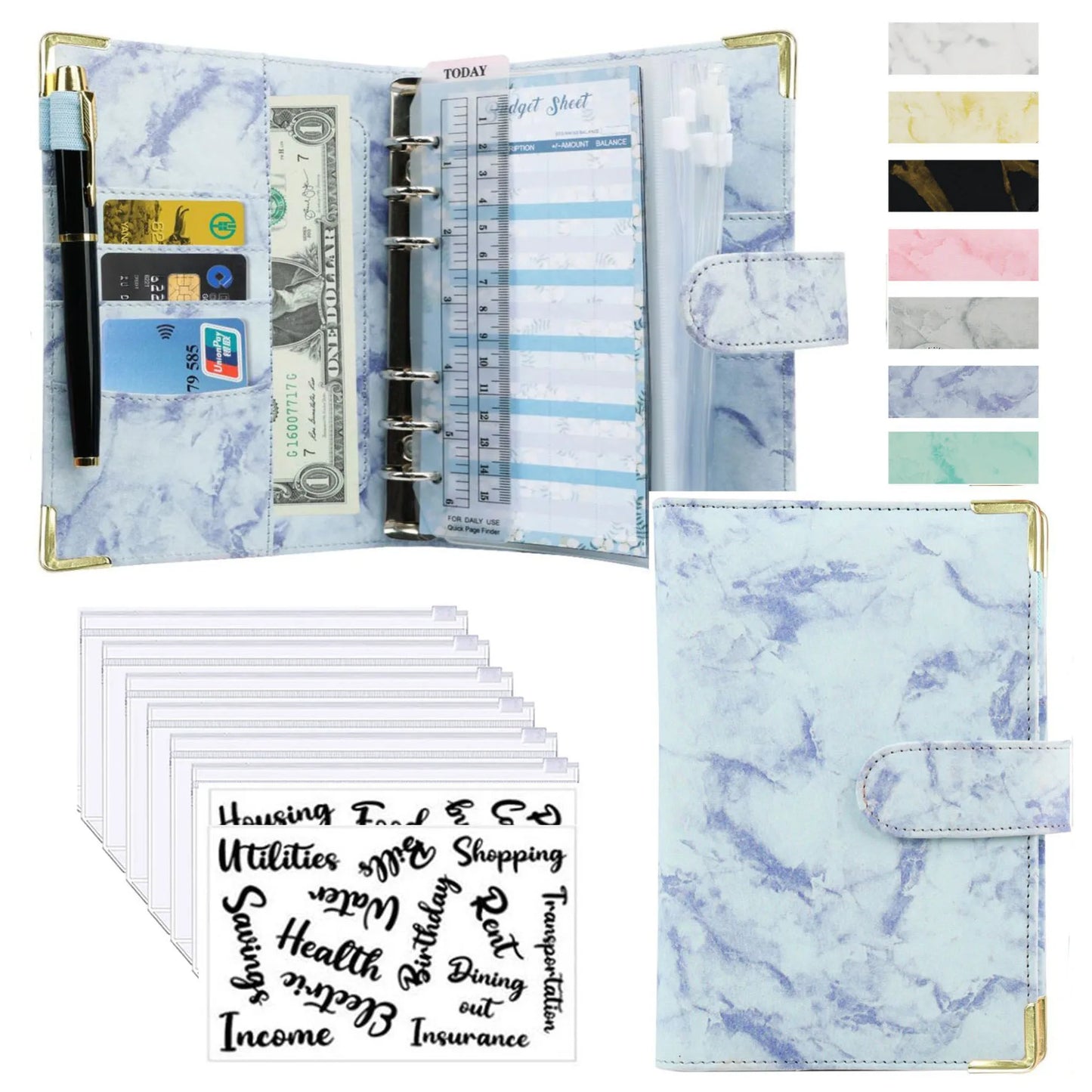 A6 PU Leather Budget Planner – Marble Notebook & Money Saving Organizer for Office, School & Personal Finance