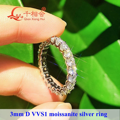 0.1ct 3mm D VVS Moissanite Full Eternity Band Ring – 925 Sterling Silver Engagement & Party Jewelry for Women
